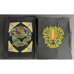 2 Chinese Embroidered Art Cloth Shiny Dragon Turtle Silk Thread Pair Black Gold